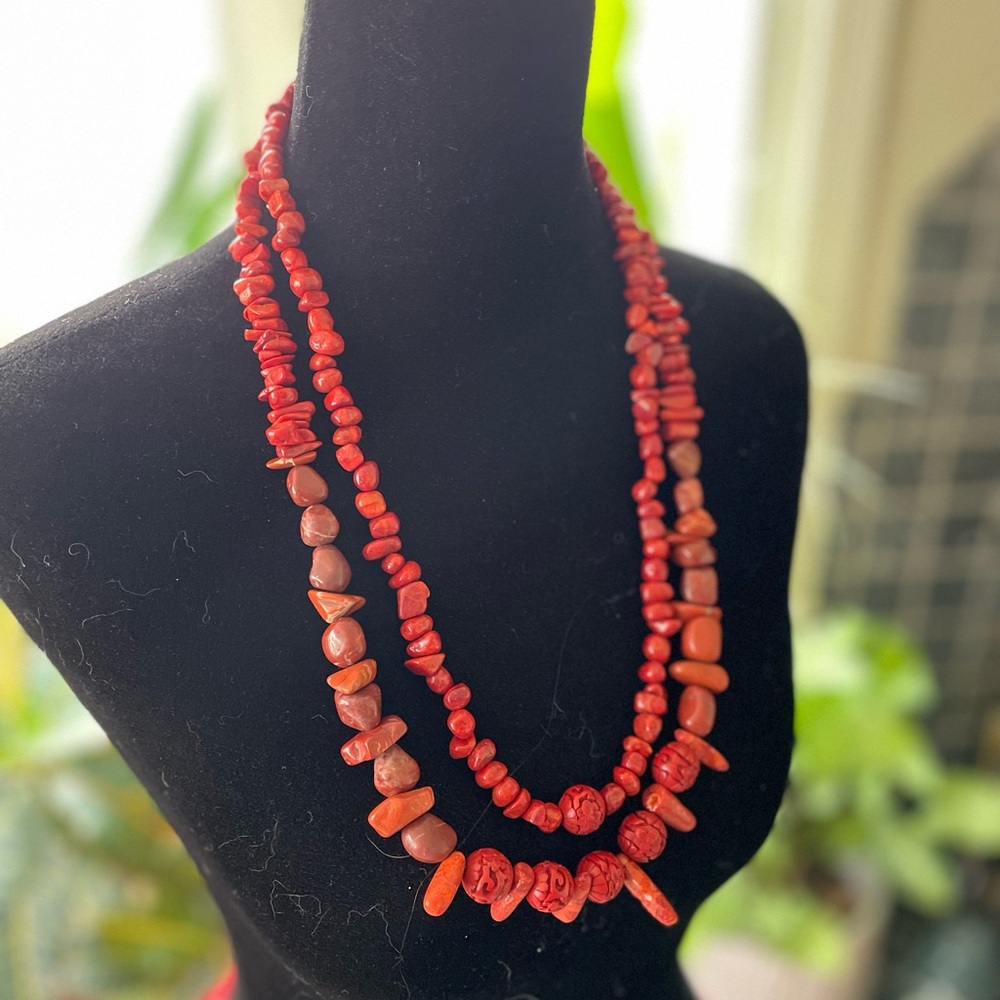 Red Double-Strand Necklace Carnelian Agate, Red Jasper, Cinnabar